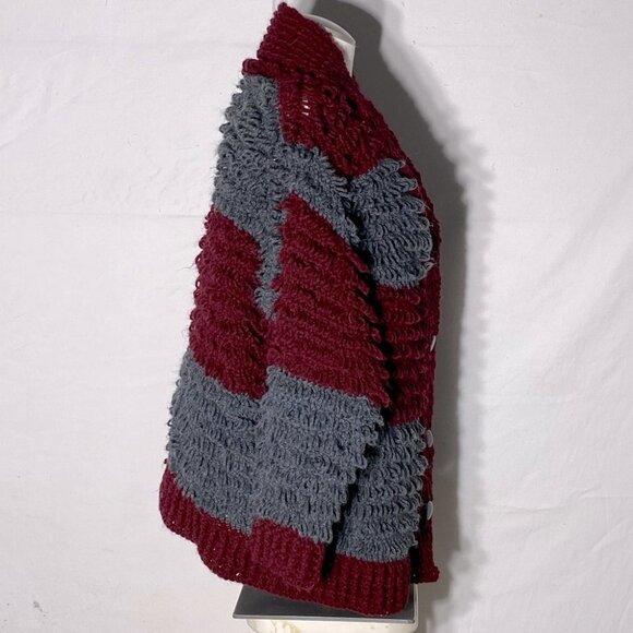 Hand Knit Burgundy Grey Striped Loopy Stitch Knit Button Up Cardigan XXL - Picture 5 of 12